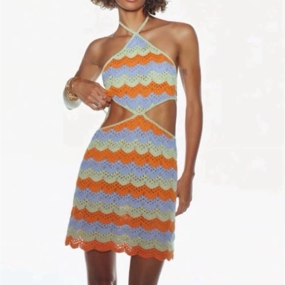 Zara Crochet Cutout Mini Dress in Orange, Light Blue, Cream